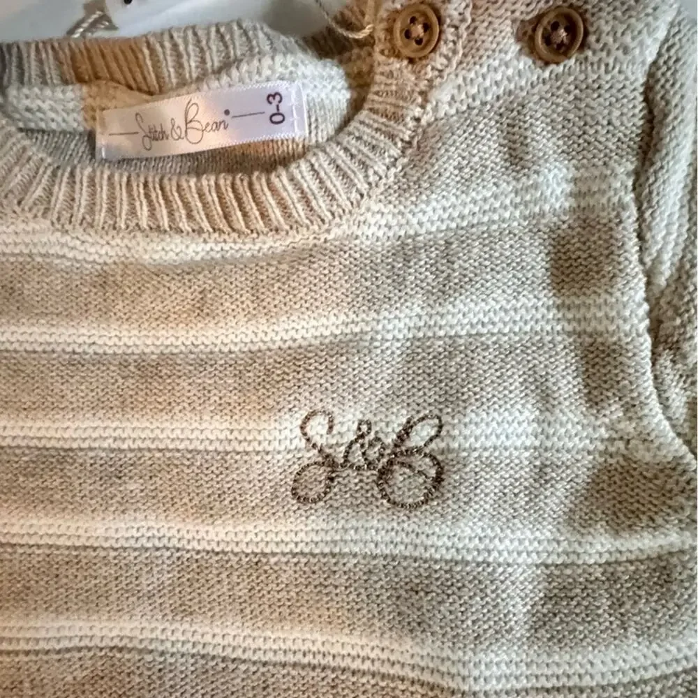 Stitch & Bean Baby Crewneck Sweater White Stripe Shorts Sweater Set Sz 0-3 NWT